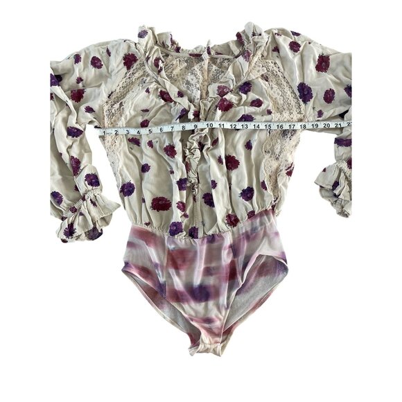 Intimately Free People Poppy Floral Printed Bodysuit Cream Lace Ivory Ruffle S - Picture 3 of 9